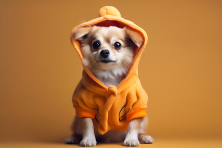 Generative AI Halloween Dog,funny little puppy on orange background looks out on evening of all saints,pet food,veterinary clinics,concept of holiday discounts,place for textの素材