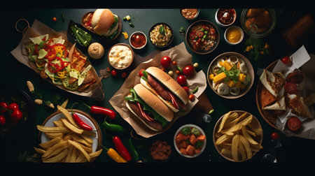 Generative AI Summer BBQ food corner border with hot dog and hamburger buffet. Top down view over a dark slate banner background. Copy space.の素材