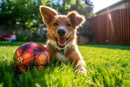 Generative AI Playful happy cute dog puppy chewing, playing with a toy ball in the grass in spring. Pet care banner.の素材