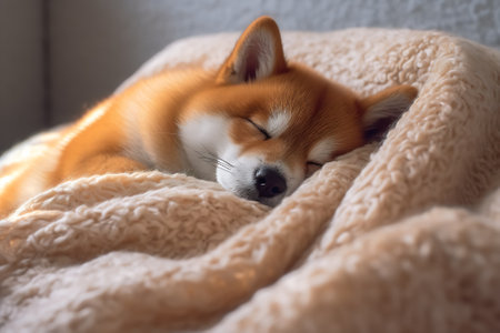 Generative AI Pembroke welsh corgi dog lying under white blanket at home. Empty space for textの素材