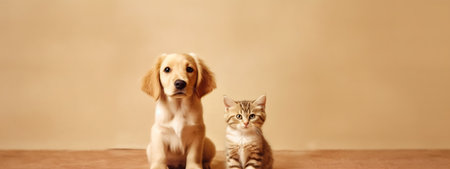 Generative AI Cute smiling small pet dog and cat on sides of white web banner or social media coverの素材