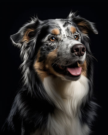 Generative AI Blue merle australian shepherd dog panting mouth open isolated on a purple backgroundの素材
