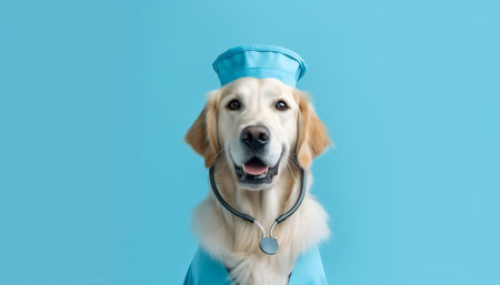 Generative AI Puppy dog border collie paws and stethoscope isolated on blue background. Little dog on reception at veterinary doctor in vet clinic. Pet health care and animals concept. Bannerの素材