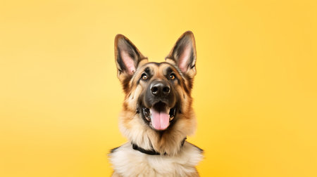 Generative AI Happy puppy dog smiling on isolated yellow background.の素材