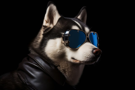 Generative AI Beautiful Siberian Husky dog with blue eyes on black background.Banner. Copy space for text.Black and white photographyの素材