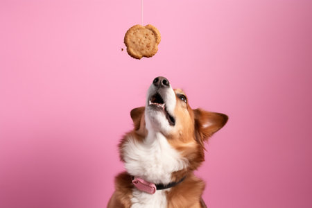 Generative AI Licking cute dog on pink background. Hungry face. Want delicious pet food. Tasty lanch timeの素材
