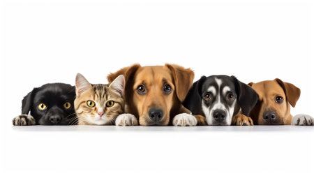 Generative AI Row of different size and breed dogs over white horizontal social media or web abnner with room for textの素材