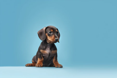 Generative AI Beautiful hungarian vizsla dog full body studio portrait. Dog lying down and looking up over pastel blue background. Family dog banner.の素材