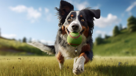 Generative AI Playful happy pet dog puppy running in the grass and playing with a tennis ball. Web banner with copy space.の素材