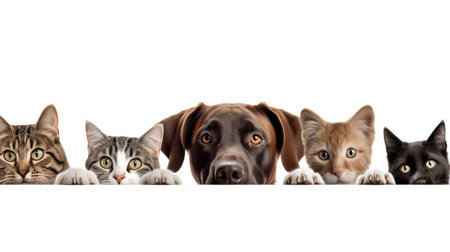 Generative AI Row of different size and breeds of cats and dogs together, isolated on a white social media or web bannerの素材