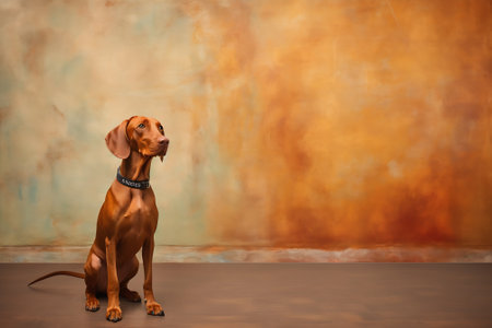 Generative AI Beautiful hungarian vizsla dog full body studio portrait. Dog lying down and looking up over pastel blue background. Family dog banner.の素材