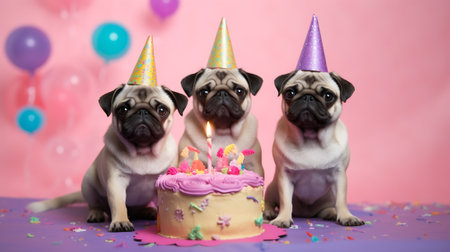 Generative AI Two cute happy puppy dogs with a birthday cake celebrating at a birthday partyの素材