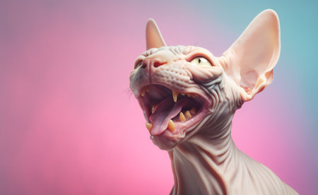 Generative AI Banner two two hungry pets, sphynx cat and dog licking its lips. Isolated on white backgorund.の素材
