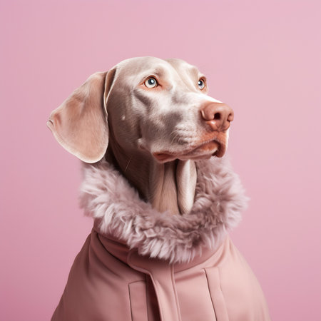 Generative AI Beautiful hungarian vizsla dog full body studio portrait. Dog lying down and looking at camera over pastel blue background.の素材