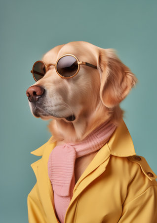 Generative AI portrait of a funny dog on a pink isolated background with daisy glasses. Golden retriever in summer sunglassesの素材