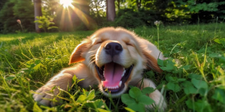 Generative AI Website banner of a happy dog puppy as lying in the grassの素材