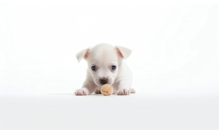 Generative AI Licking Jack russell terrier puppy holding bowl of dry food above empty white banner. isolated on white backgroundの素材