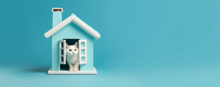 Generative AI Funny gray kitten and smiling dogs with beautiful big eyes on trendy blue background. Lovely fluffy cat, puppy of pomeranian spitz and pug climbs out of hole in colored background.の素材