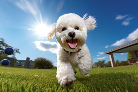 Generative AI Playful happy pet dog puppy running in the grass and playing with a tennis ball. Web banner with copy space.の素材