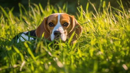 Generative AI Website banner of a happy dog puppy as lying in the grassの素材