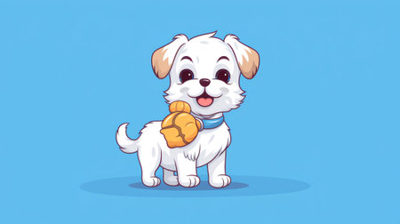Generative AI Hand giving dental snack treat to a healthy dog puppy. Cleaning plaque from teeth, pet care banner.の素材