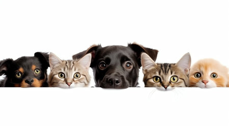 Generative AI Group of pets leaning together on a empty web banner to place text. Cat, dog, rabbit, ferret, rodent, reptile, bird, spiderの素材
