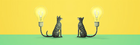 Generative AI Banner two funny pets listening expression. dachshund dog and curious sphynx cat. Isolated colored yellow background.の素材