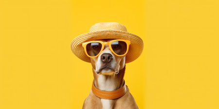 Generative AI Banner pets summer. Dachshund puppy going on vacations on beach chair and inflatable ring. Isolated on yellow backgroundの素材