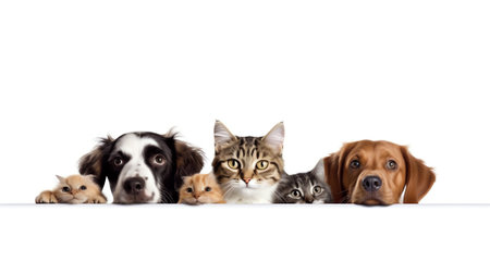 Generative AI group of cropped view of Cat and Dog heads isolated on whiteの素材