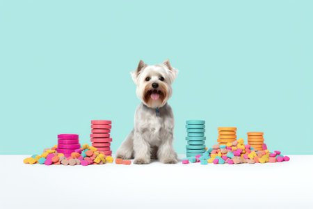 Generative AI Top view on dog supplies. Snacks and leash in a form of Christmas tree. Greeting postcard with copy space. Pet shop concept, isolated on white backgroundの素材