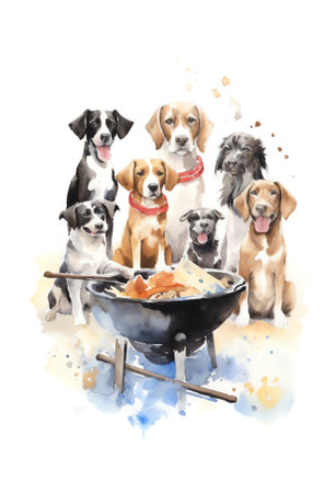 Generative AI Banner six hungry dogs licking its lips with tongue out waiting for eat food. Isolated on white backgroundの素材