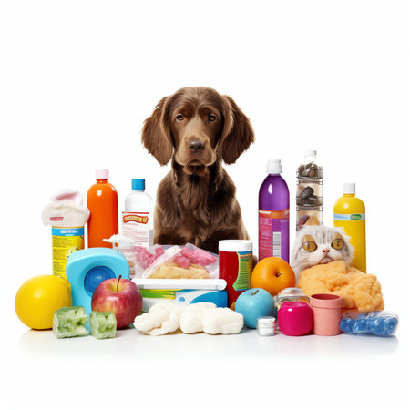 Generative AI Top view on dog supplies. Snacks and leash in a form of Christmas tree. Greeting postcard with copy space. Pet shop concept, isolated on white backgroundの素材