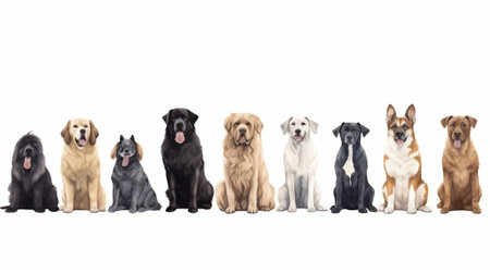 Generative AI Large group of dogs together in a row sorted by size, banner,isolated on whiteの素材