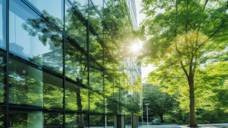 Generative AI Selective focus on tree and eco friendly building with vertical garden in modern city. Green tree forest on sustainable glass building. Office building with green environment. Go green concept.の素材