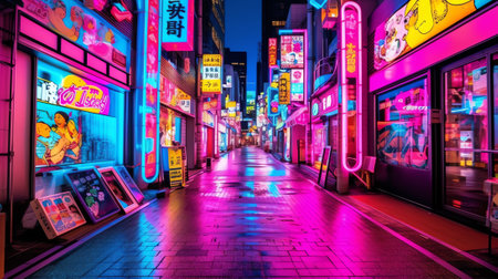 Generative AI A night of the neon street at the downtown wide shot. Shinjuku district Tokyo Japan - 08.29.2019 Here is an electric quarter in Tokyo. It is center of the city in Tokyo.の素材