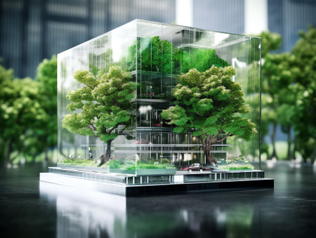 Generative AI Sustainble green building. Eco-friendly building in modern city. Sustainable glass office building with tree for reducing carbon dioxide. Office with green environment. Corporate building reduce CO2.の素材