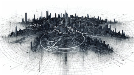 Generative AI 3d city sphere. Vector rendering of 3d. Wire-frame style. The layers of visible and invisible lines are separatedの素材