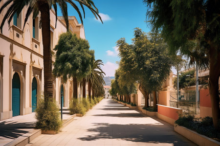 Generative AI Empty street at the nice and comfortable garden background with nice blue skyの素材