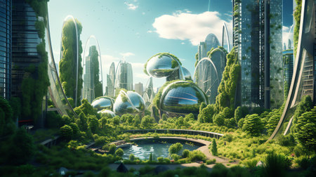 Generative AI Spectacular eco-futuristic cityscape full with greenery, skyscrapers, parks, and other manmade green spaces in urban area. Green garden in modern city. Digital art 3D illustration.の素材