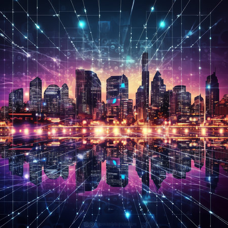 Generative AI Smart city with smart services and icons, internet of things, networks and augmented reality conceptの素材