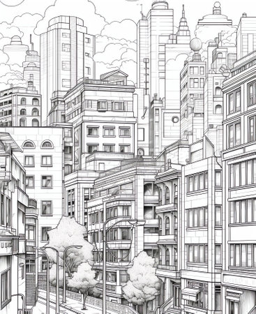 Generative AI Abstract wireframe city background. Perspective 3D render of building wireframe. Vector illustration.の素材