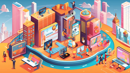 Generative AI Smart city isometric illustration. Intelligent buildings. Streets of the city connected to computer network. Internet of things concept. Business center with skyscrapers. Eps 10の素材