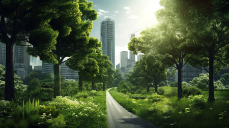 Generative AI Nice green forest landscape in the cityの素材