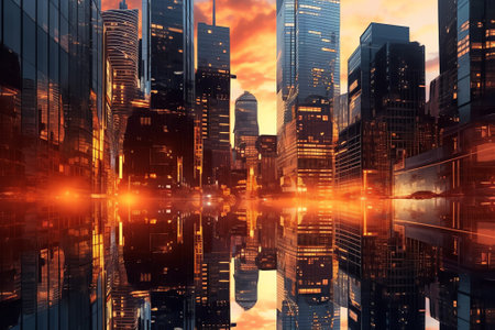 Generative AI Abstract futuristic future city, beautiful sunset. Urban modern landscape. High-rise buildings. Unreal world. 3D illustration.の素材