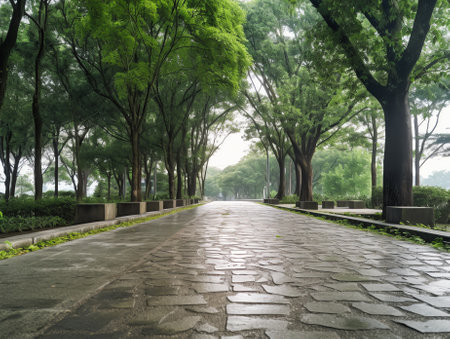 Generative AI Empty square floor and green woods natural scenery in city parkの素材