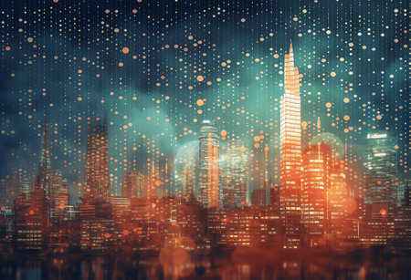 Generative AI Abstract glowing big data forex candlestick chart on blurry city backdrop. Trade, technology, investment and analysis concept. Double exposureの素材