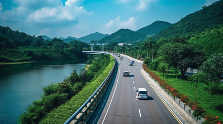 Generative AI Side view of asphalt road highway with lake garden and modern city skyline in background.の素材