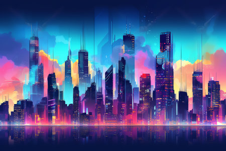 Generative AI Cityscape on dark blue background with bright glowing neon. Technology city backgroundの素材