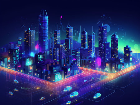 Generative AI Futuristic infrastructure of a smart night city. Residential urban buildings for isometric innovation flat design. Smart city vector illustration of town with digital communication technology. Vectorの素材