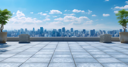 Generative AI Panoramic Bangkok skyline view, concrete observatory deck on rooftop, daytime. Luxury Asian corporate and residential lifestyle. Financial city downtown, real estate. Product display mockup empty roofの素材